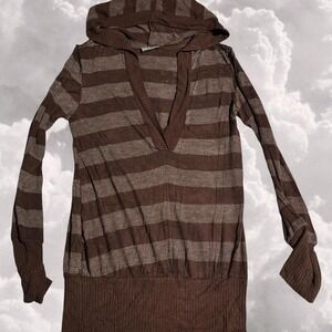 Y2K brown stripped emo grunge hoodie V neck long sleeve size L
